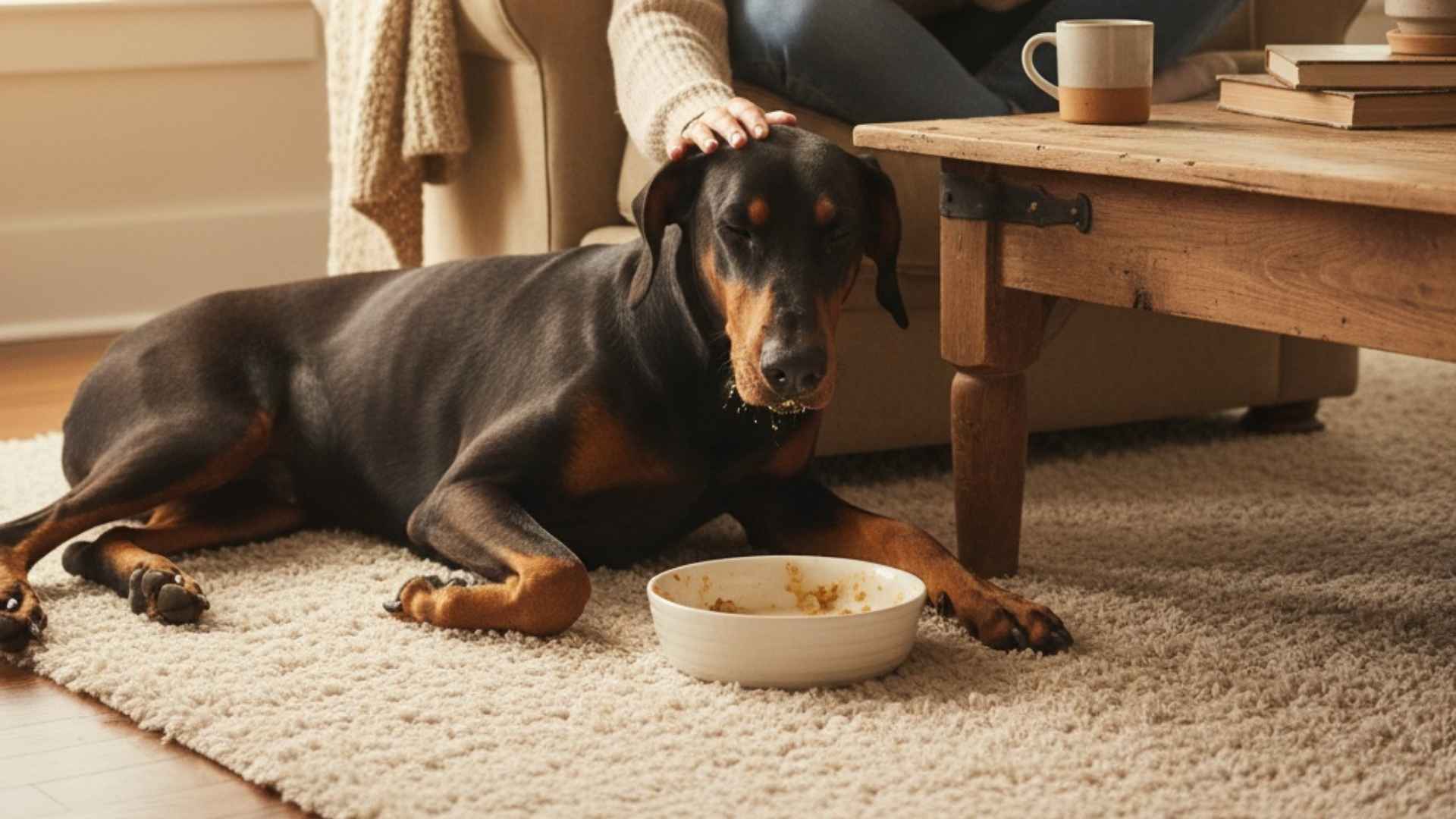 dobermann comiendo tranquilo